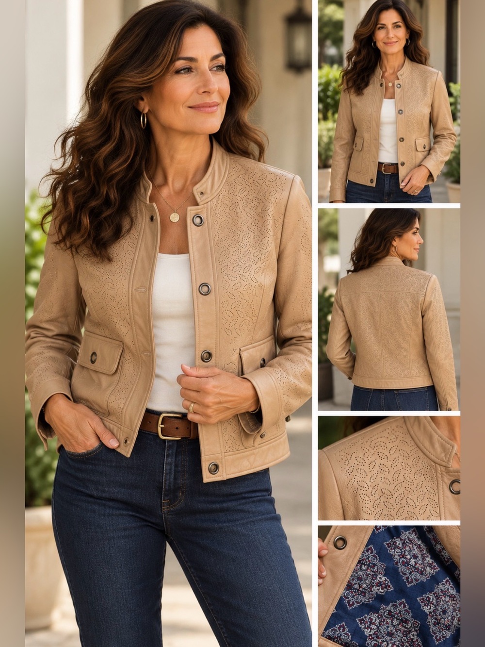 RLS Women’s Genuine Leather Jacket Tan Perforated Floral Snap Front Boho Moto